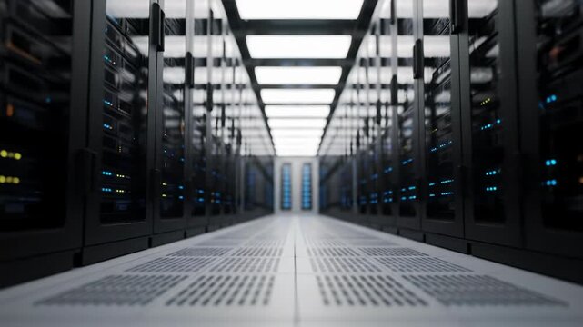 Low-angle, slow tracking video through a vast, modern data center aisle. Towering server racks, vibrant blue LEDs, cooling floor panels gleam. Digital power and connectivity concept