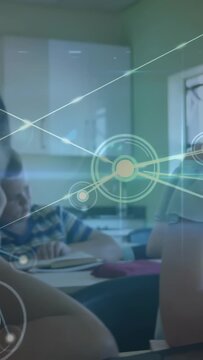 Vertical video: Students writing in classroom, HUD network appearing, expanding, showing learning