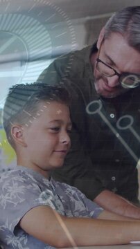Vertical video: Man with glasses guiding boy in patterned shirt at school after picture differences