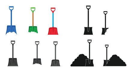 Colorful snow shovels with snow piles including dark outlines silhouette © njhasan