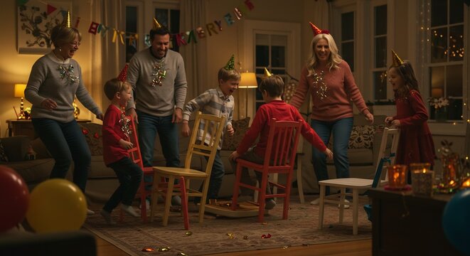 パーティーハットを被った笑顔の家族が温かい光の中で音楽椅子ゲームに興じる楽しい夜