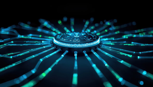 Glowing circular circuit hub with radiating neon traces conveying futuristic connectivity