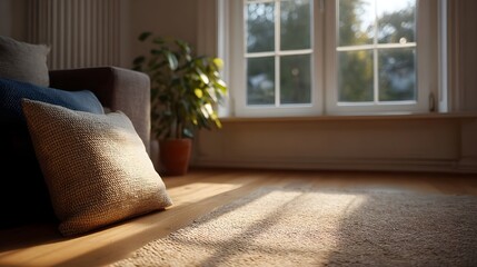 Fototapeta premium Warm sunlight filters through a window creating patterns on a plush rug and a comfortable sofa in a tranquil living room interior