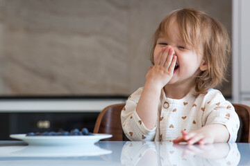 A two-year-old cute girl is sitting at the dinner table eating blueberries or bilberries. Baby...