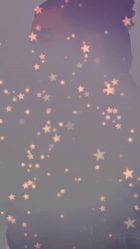 Vertical video: Male singer singing into vintage mic causing stars drifting then clearing for music