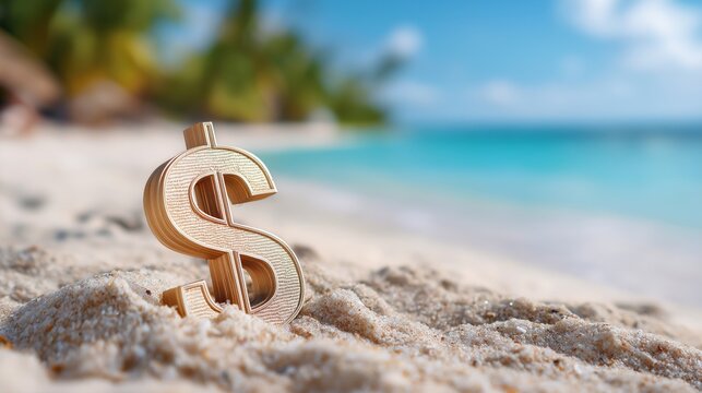 Golden dollar symbol rests on sunlit sand