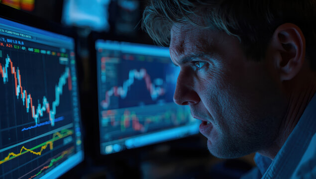 Man watching volatile stock charts on multiple monitors with concerned expression