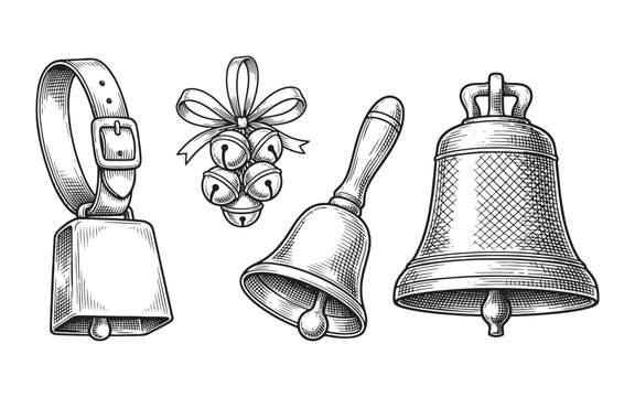 Set of different bells including cowbell handbell and jingle bells
