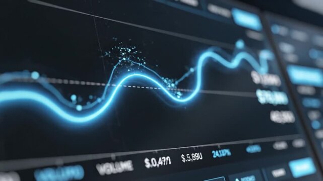 A close-up view of a glowing blue line graph on a digital screen displays financial data with various interface elements.