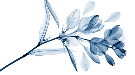 Obraz premium A delicate blue-toned representation of a branch with leaves on a white background