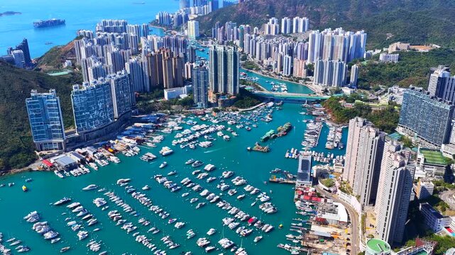Aerial footage of Hong Kong southern coastline showcases natural stone forests amid urban landscapes at Pok Fu Lam, Aberdeen, Wong Chuk Hang, Ap Lei Chau, Lei Tung, Deep Water Bay, and Shouson Hill