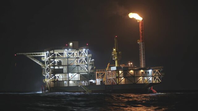 Large offshore oil rig platform with flare stack burning at night on the ocean