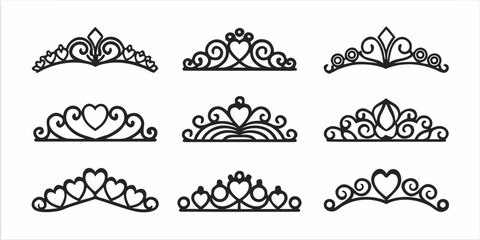 Collection of ornate tiara and crown design elements in black © Apurba