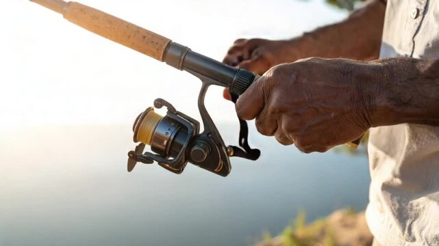 Close-up of hands holding fishing rod with reel during outdoor activity