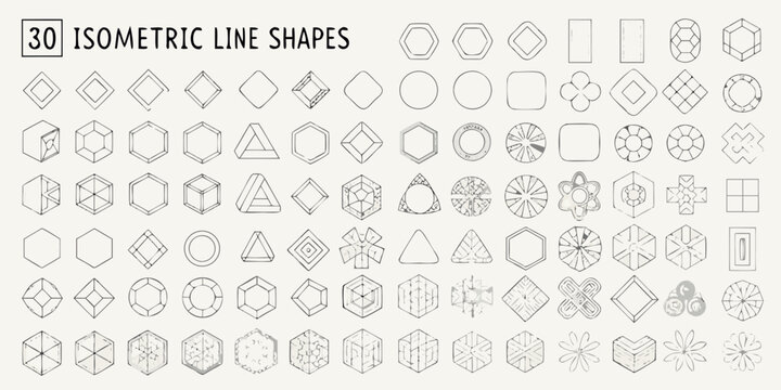 Collection of thirty isometric line shapes in various geometric forms