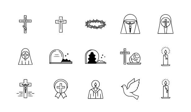 Minimal Christian symbols icon set Holy Week and resurrection flat vector collection isolated on white background