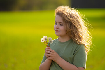 Naklejka premium Child blowing dandelion. Innocence childhood happiness. Child blowing dandelion. Nature eco environmental. Child blowing dandelion. Garden meadow green. Child blowing dandelion.