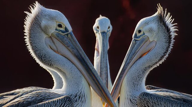 Three pelicans standing together facing forward in profile outdoors