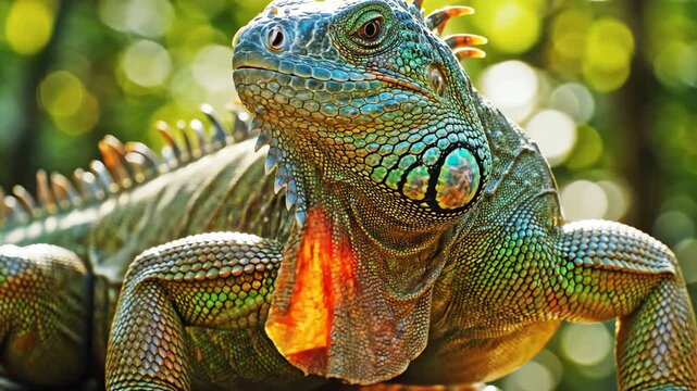 Iguana Closeup Showing Vibrant Green and Orange Scales Basking in Sunlight