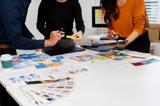 UX developer and ui designer brainstorming about mobile app interface wireframe design with customer breif and color code, User experience concept.