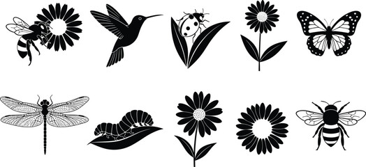 Silhouette collection of pollinators and flowers including bees, hummingbird, butterfly, dragonfly, ladybug, caterpillar, and blossoms for nature themes © Kajal