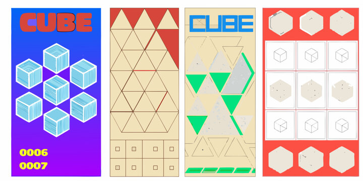 Four panels displaying geometric patterns and cube representations