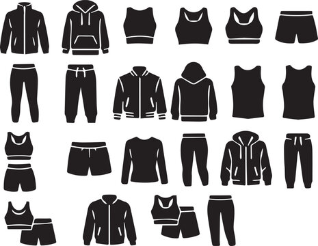 Premium Sportswear and Activewear Vector Icon Set: A Complete Collection of Athletic Apparel Silhouettes Including Hoodies, Sweatpants, Shorts, and Gym Clothes for Fitness Design Projects.
