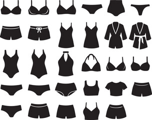 Naklejka premium Comprehensive Collection of Women's Underwear, Lingerie, and Swimwear Icons Featuring Bras, Panties, Robes, and Swimsuits in Black Silhouette Style for Fashion Design and Web Graphics.