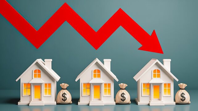Real estate market decline concept with houses coins and falling arrow representing property price drop