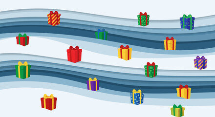 Obraz premium Colorful wrapped gift boxes scattered on abstract snowy wave-like background, creating a festive and whimsical winter scene