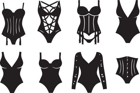 Vector Illustration Set of Women Lingerie Bodysuit and Corset Silhouettes Collection, Sexy Female Underwear Icons for Fashion Design, Web and Graphic Projects, Black and White Isolated