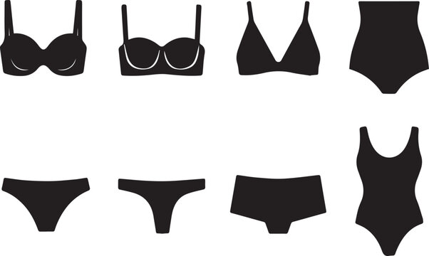 Minimalist Lingerie and Swimwear Silhouette Collection Featuring Various Bra Styles, Panty Types, Bikinis, and Bathing Suits for Fashion Illustration, Web Graphics, and Print Design Projects.