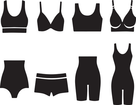 Collection of Women's Underwear and Shapewear Vector Icons Featuring Various Bra Styles, Panties, High-Waisted Shorts, and Full Body Shapers for Fashion Design and Lingerie Retail Concepts.