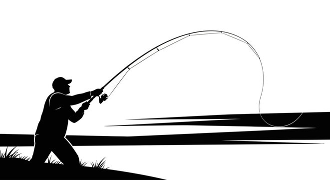 Silhouette of a man fishing with a rod and reel.