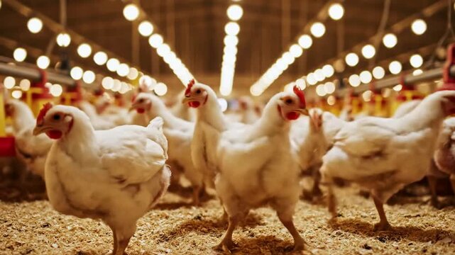 Modern industrial poultry farm interior featuring a large flock of white broiler chickens raised in a controlled indoor