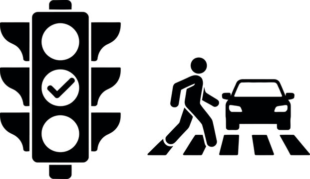 Pedestrian crossing with green walk signal and car waiting at traffic light