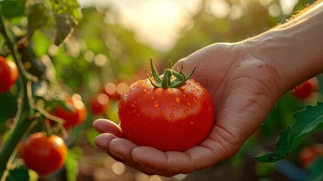 Freshly picked organic tomato in hand with water drops at sunset