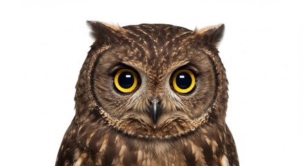 Obraz premium 真っ白な空間に現れたフクロウの凛々しい顔アップ澄んだ黄色い瞳が力強く真っ直ぐな視線を送り茶褐色の美しい羽毛の細部がくっきりと浮かび上がる一瞬