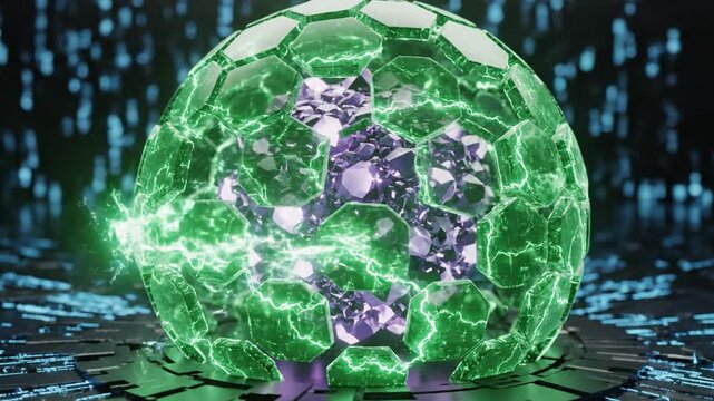 Futuristic geometric green glowing crystal sphere digital technology abstract sci fi energy pattern with polygonal cyber network, virtual modern innovation, and purple gemstone surrounded by