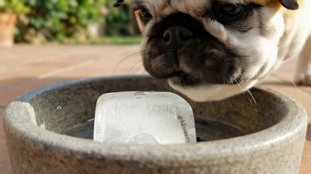 A dog interacts with a block of ice while drinking from a bowl in an outdoor area. The dog appears focused on the ice while showcasing natural behavior
