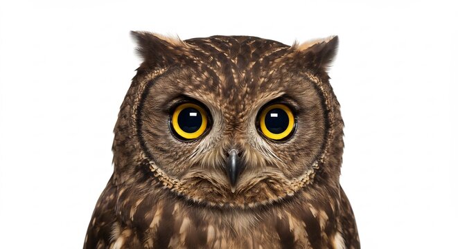 真っ白な空間に現れたフクロウの凛々しい顔アップ澄んだ黄色い瞳が力強く真っ直ぐな視線を送り茶褐色の美しい羽毛の細部がくっきりと浮かび上がる一瞬