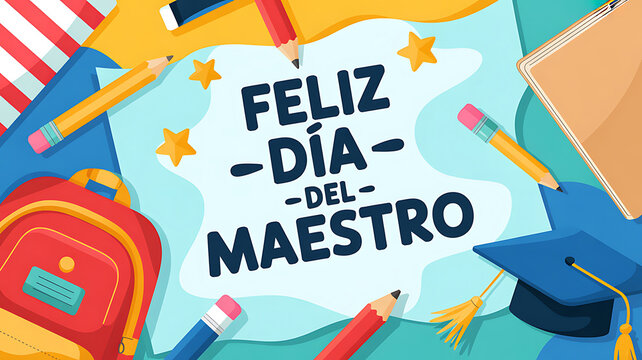 A colorful illustration celebrating Teacher's Day with school supplies and a graduation cap