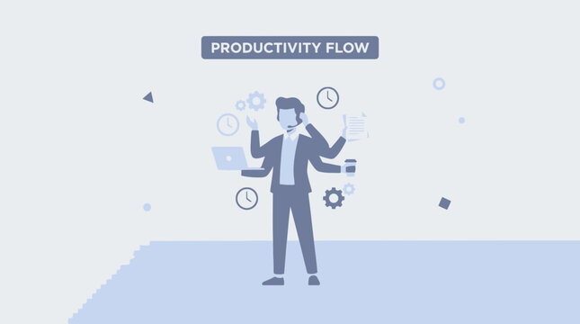 A man in a suit is surrounded by clocks and gears while working on a laptop