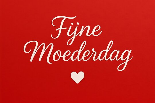 Fijne moederdag text in elegant white script font on a solid red background with a small heart icon
