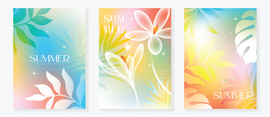Summer floral poster vector set with pink orange gradient orchid, lily and blossom flowers. Tropical botanical background collection for seasonal promotion, beach holiday flyer, wall art . © TWINS DESIGN STUDIO