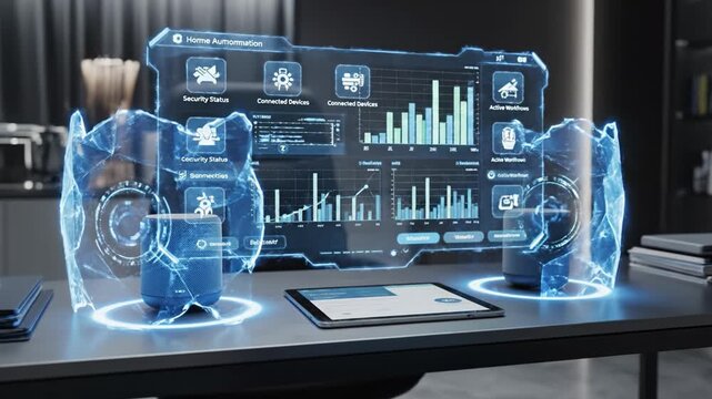 Futuristic technology smart home automation digital interface hologram control security connected device innovation wireless dashboard data screen tablet blue network, interactive artificial