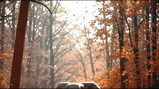 Majestic African Elephant running through a golden autumn forest
