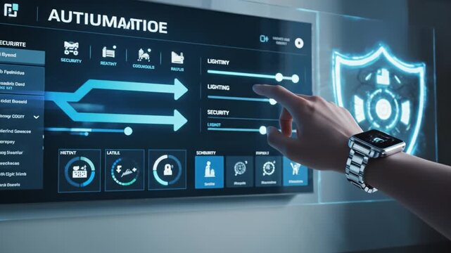Smart home touchscreen technology security automation lighting control interface modern digital innovation with futuristic hologram data network, virtual display, protection shield, and interactive