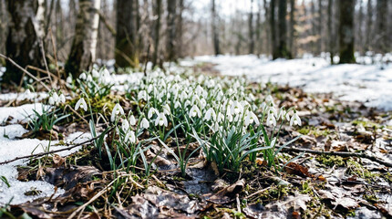 Obraz premium Snowdrop flowers blooming in forest during early spring. 