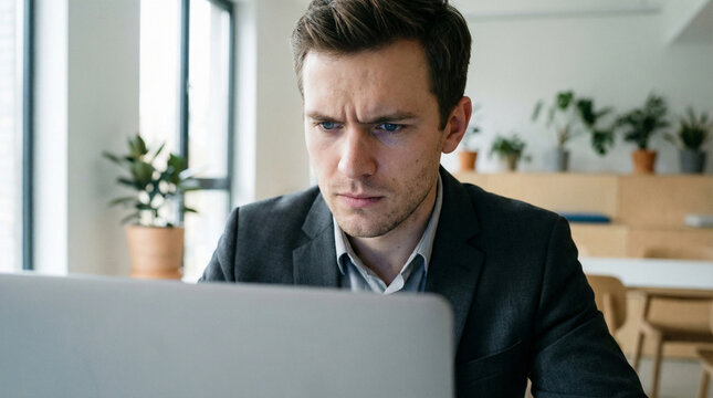 Serious businessman looking at laptop screen in modern office